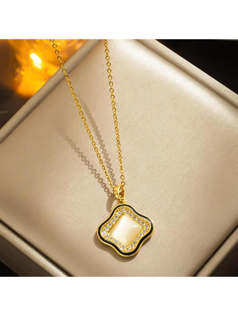Black and white square Necklace - Gold - CZs - 18"